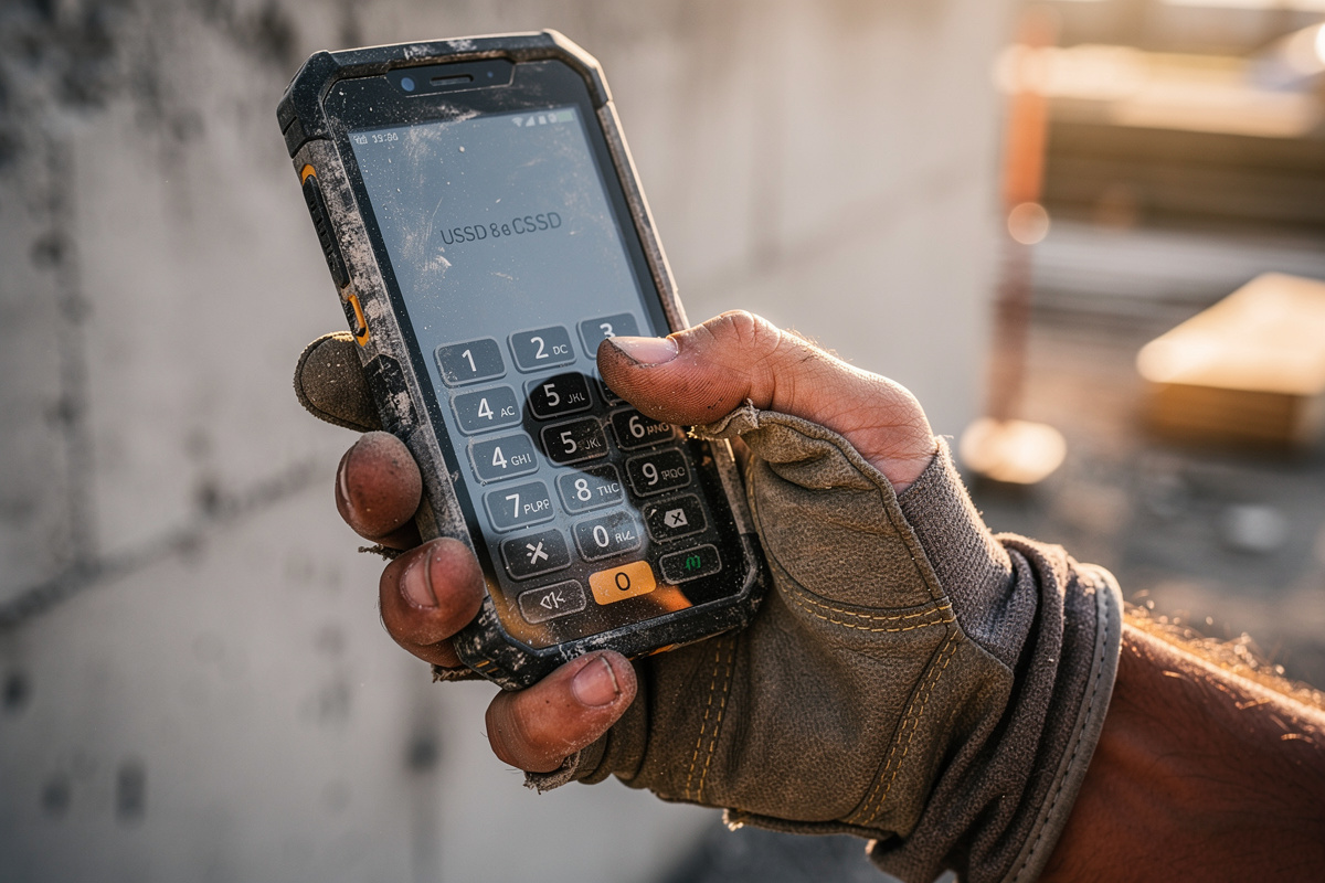 Main d'artisan saisissant un code USSD de transfert appel sur mobile en plein chantier