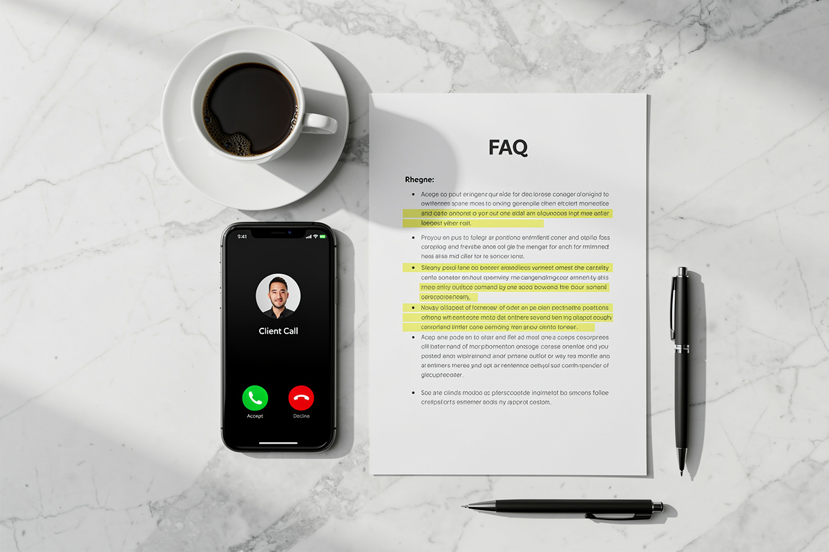 Bureau avec téléphone et guide de réponses aux questions fréquentes sur l'accueil téléphonique en auto-école