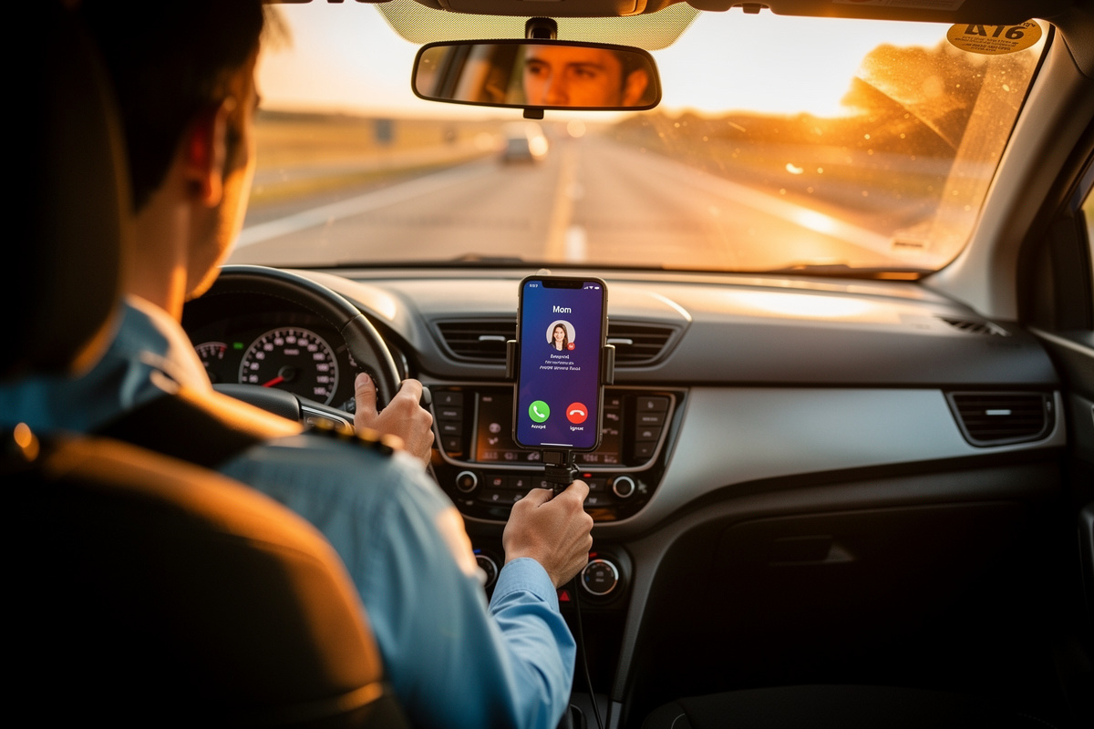 Moniteur d'auto-école en leçon de conduite incapable de répondre à un appel entrant sur son téléphone