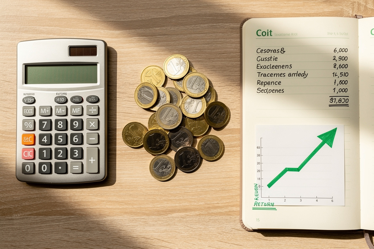 Calculatrice et tableau de coûts illustrant le budget mensuel d'un assistant vocal pour auto-école en 2026