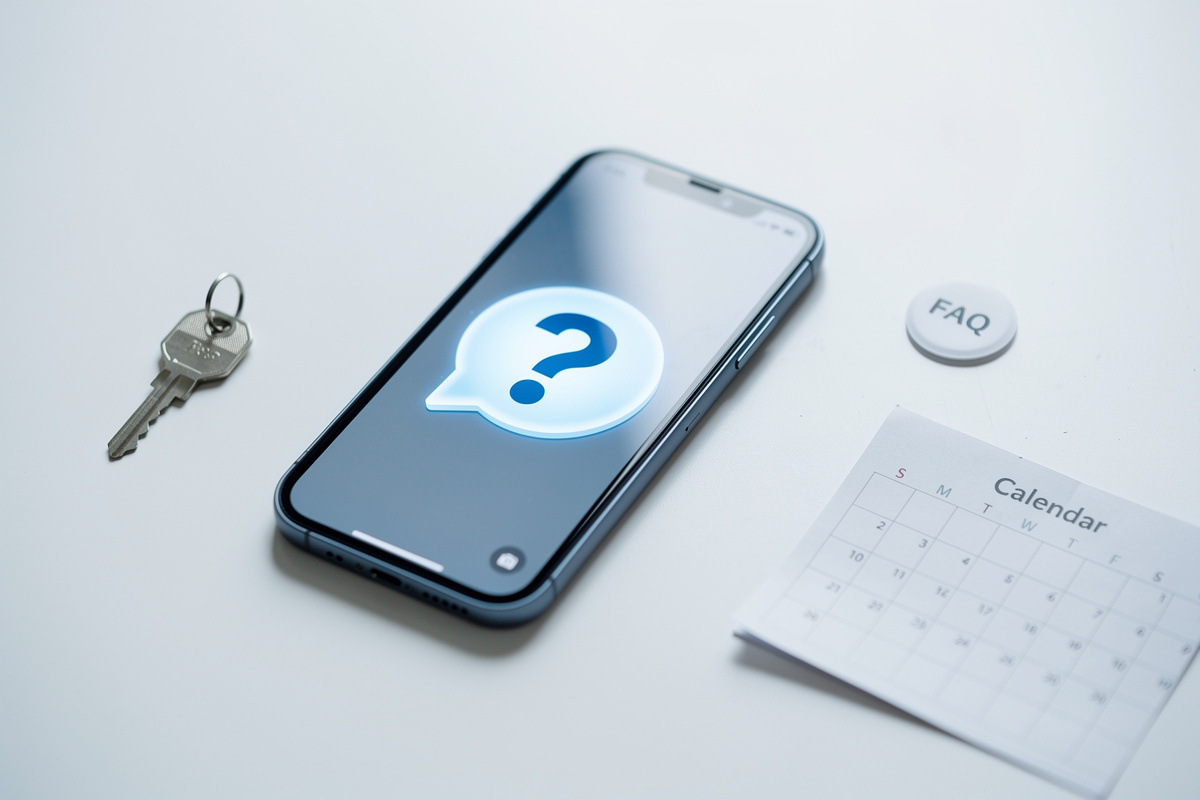 Smartphone affichant des questions fréquentes sur l'assistant vocal auto école avec icônes de réponse IA