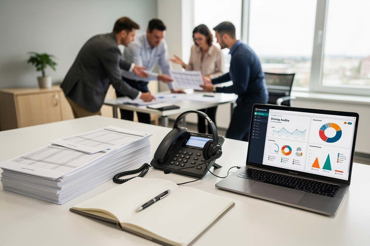 Audit des appels dans une auto-école avec notes, casque et tableau d’analyse