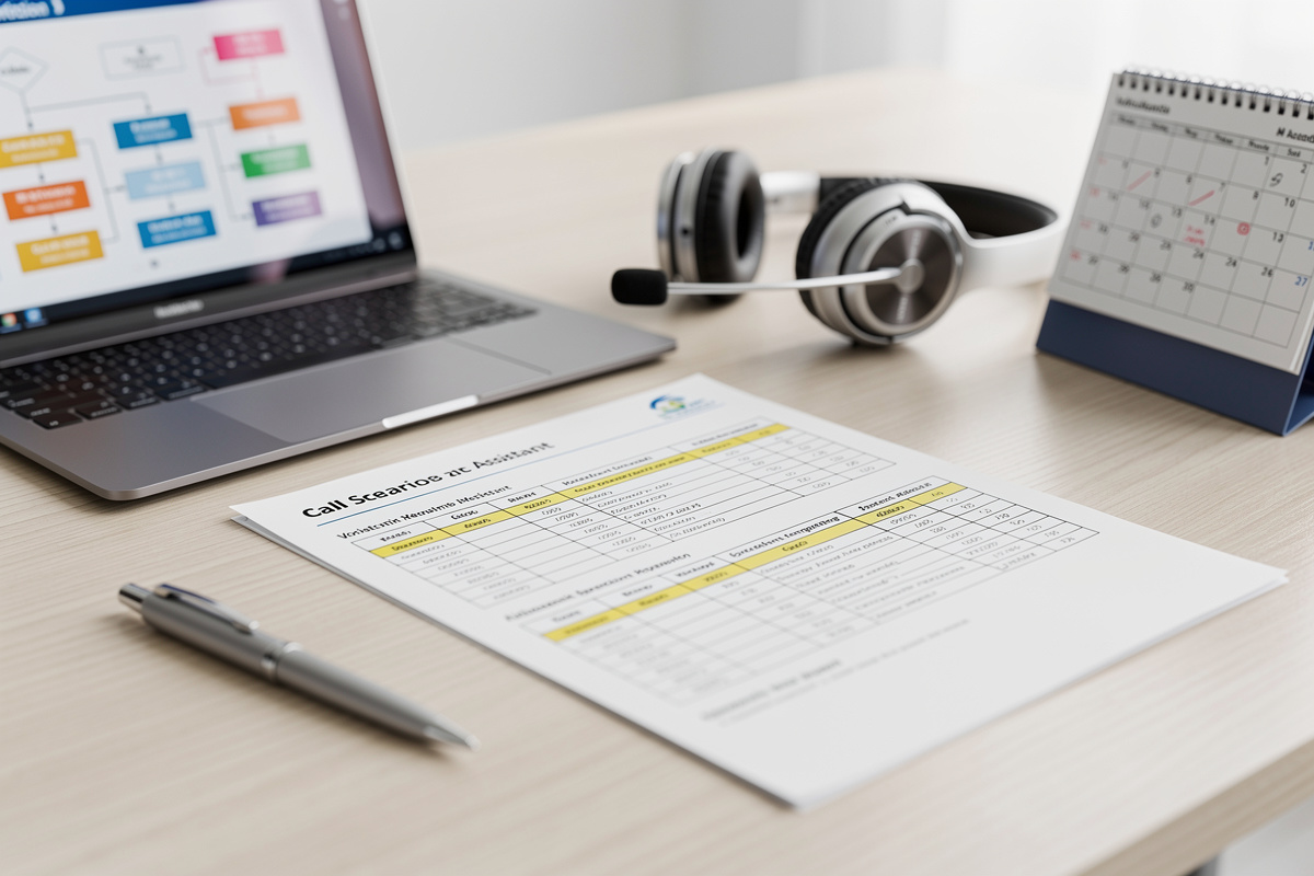 Scripts vocaux auto-école préparés sur un bureau avec ordinateur et casque