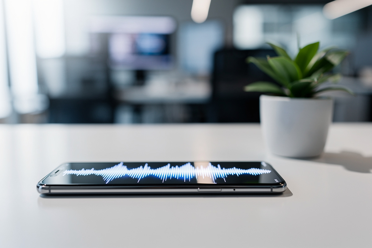 Interface d'assistant vocal IA avec onde sonore animée sur smartphone, symbolisant la reconnaissance vocale intelligente