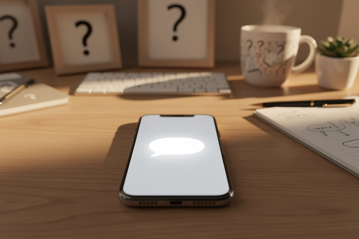 Smartphone affichant une interface de questions-réponses sur l'assistant vocal auto école, ambiance rassurante