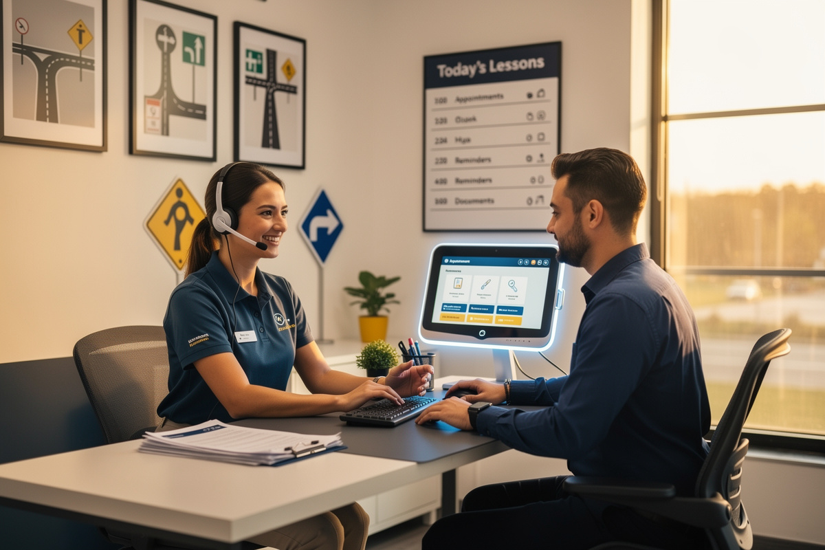 Secrétaire d'auto-école travaillant en complémentarité avec un assistant vocal IA pour l'accueil client