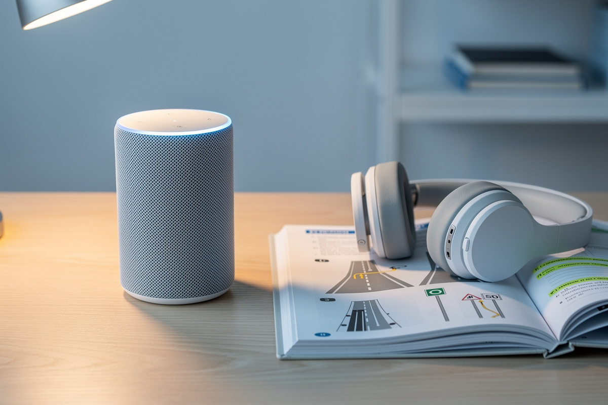 Fonctionnalités pédagogiques d'un assistant vocal IA auto-école illustrées par un bureau d'apprentissage