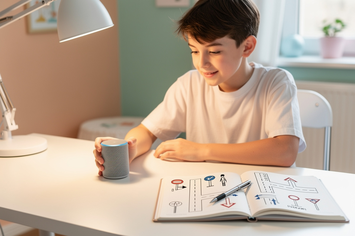 Élève en situation de dyslexie utilisant un assistant vocal pour réviser le code de la route à voix haute