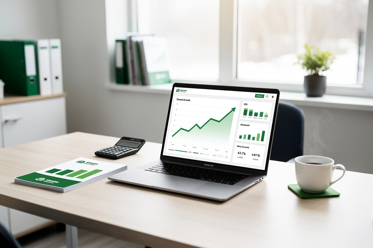 Calcul du ROI d'un assistant vocal IA auto-école sur un bureau de directeur avec graphiques de rentabilité