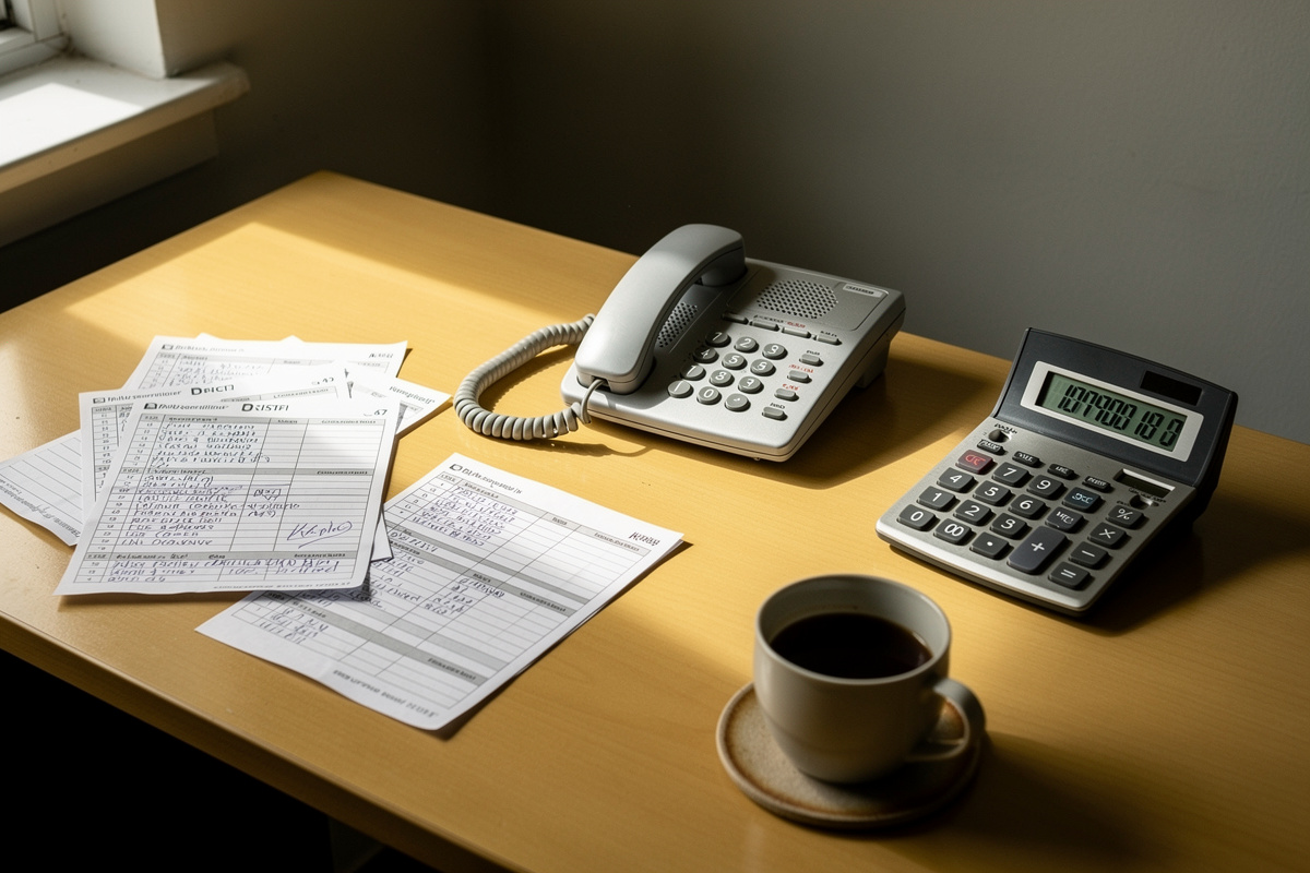 Bureau administratif d'auto-école avec téléphone, papiers et calculatrice illustrant le coût caché d'une secrétaire