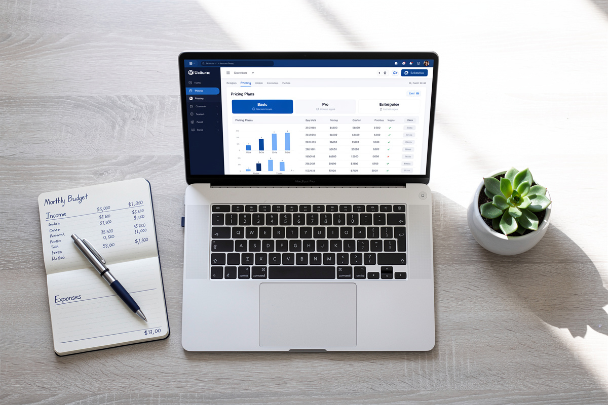 Tableau de bord de coût logiciel IA sur laptop avec cahier de budget pour évaluer le prix d'un assistant vocal auto-école