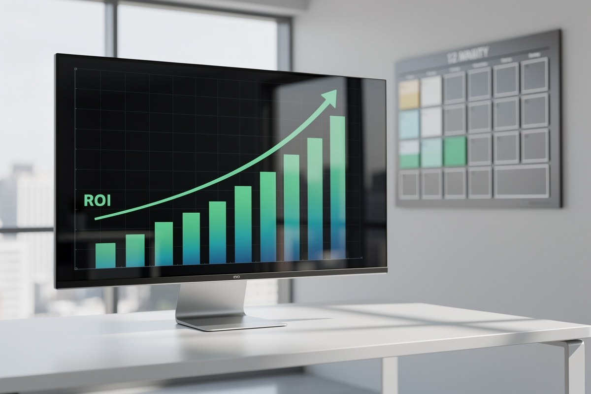 Simulation ROI sur 12 mois affichée sur écran avec courbe de rentabilité croissante pour une auto-école de 3 formateurs