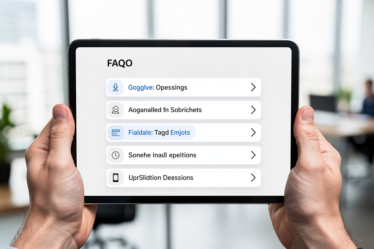 Interface FAQ sur tablette pour répondre aux questions fréquentes sur le ROI d'un assistant vocal IA en auto-école