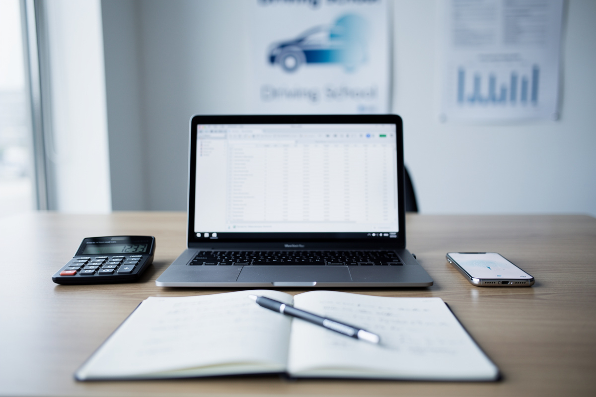 Calcul du ROI d’un assistant vocal IA en auto-école sur un bureau avec tableur et calculatrice