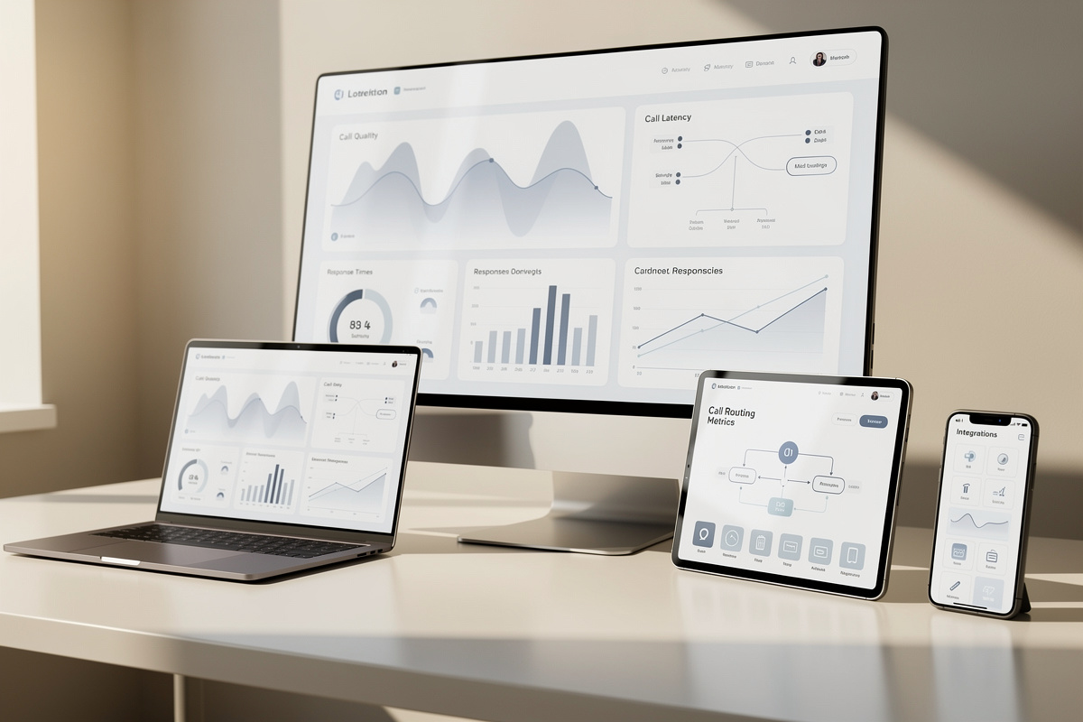 Tableau de critères pour comparer un assistant vocal IA avec indicateurs de performance et flux d’appels.