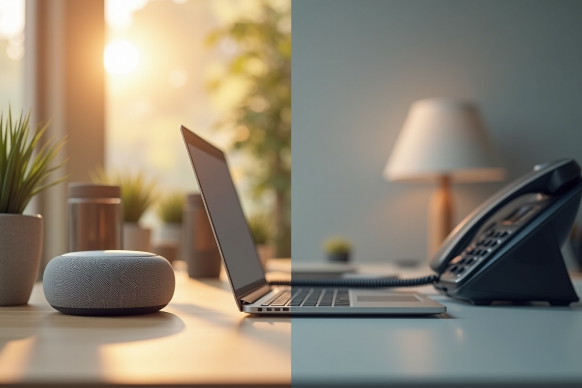 Comparaison entre assistant vocal grand public sur enceinte connectée et solution vocale IA professionnelle en entreprise