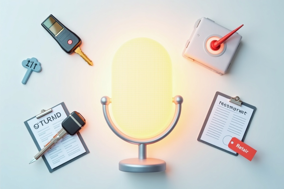 Objets symbolisant différents secteurs d'activité autour d'un microphone IA pour illustrer la personnalisation de l'assistant vocal