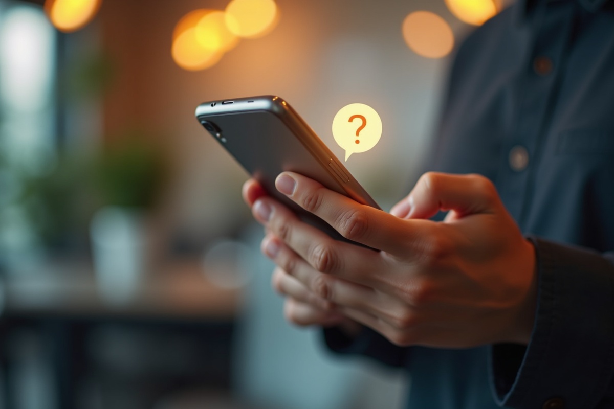 Main tenant un smartphone affichant des questions fréquentes sur l'utilisation d'un assistant vocal IA professionnel