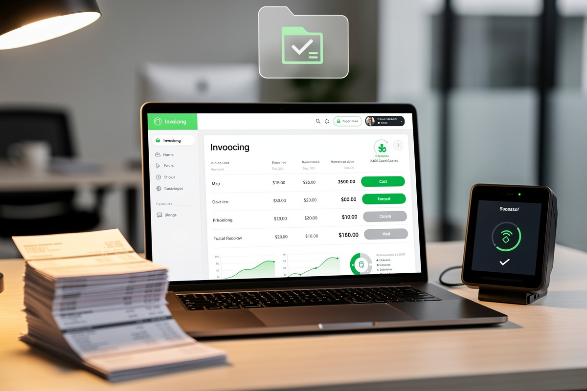 Interface de facturation automatisée sur ordinateur portable pour une gestion simplifiée des paiements en auto-école