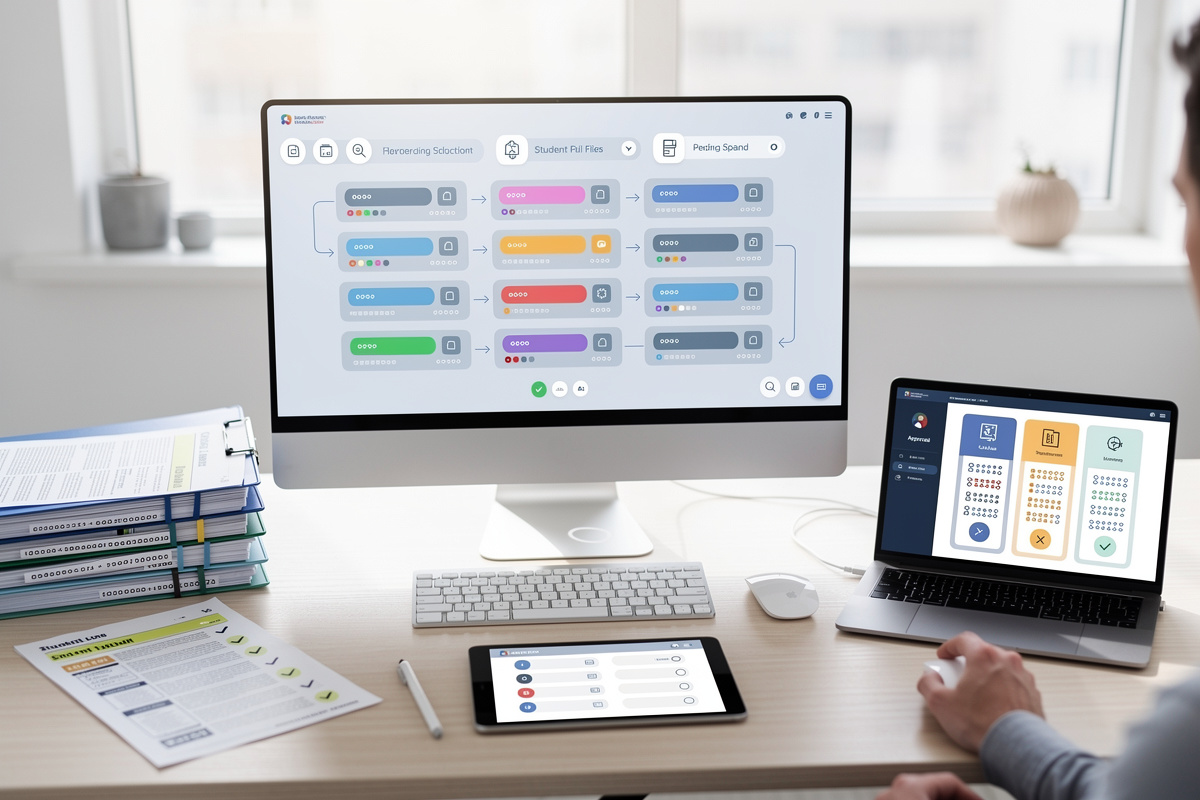 Workflow complet d’automatisation dossiers élèves avec étapes de validation et pièces classées en auto-école.