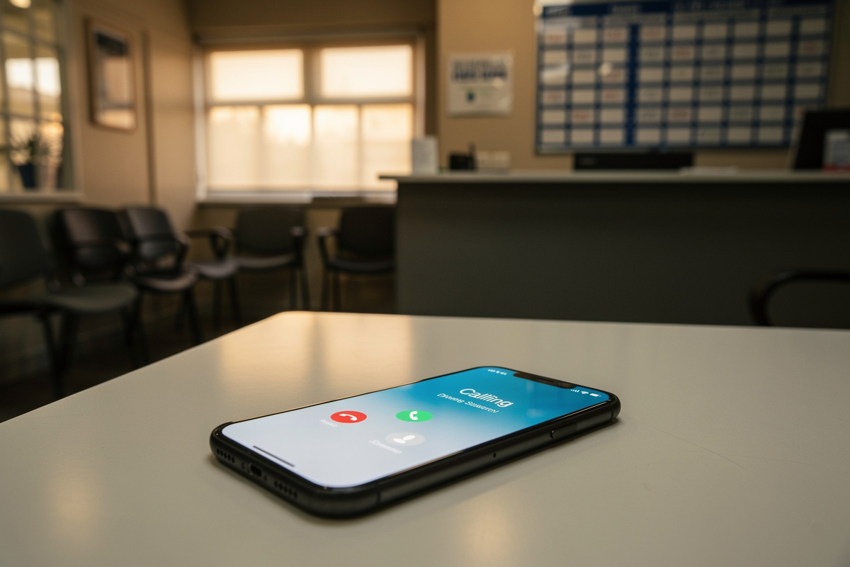 Appel entrant manqué sur un bureau de secrétariat d'auto-école vide, symbolisant le coût des appels sans réponse