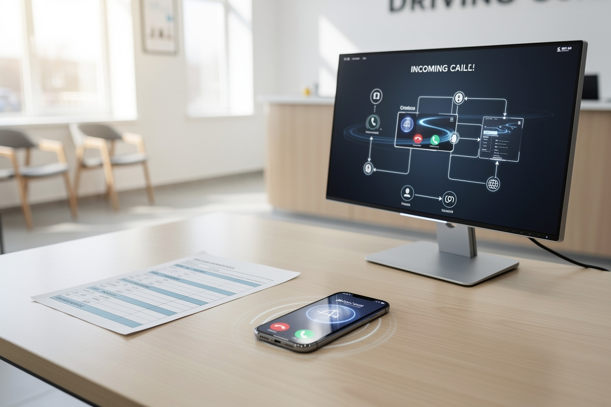 Parcours d’appel IA dans une auto-école avec téléphone, planning et automatisation secrétariat téléphonique auto-école