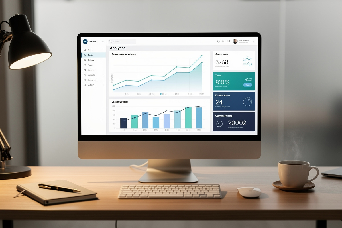Tableau de bord analytique mesurant le ROI et les indicateurs de performance d'un chatbot gratuit auto-école