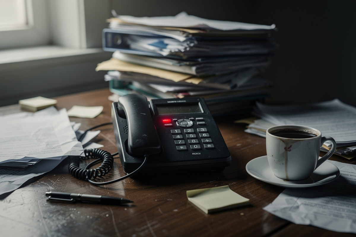 Téléphone qui sonne sans réponse dans un bureau d'auto-école désorganisé, symbolisant les appels manqués et les prospects perdus