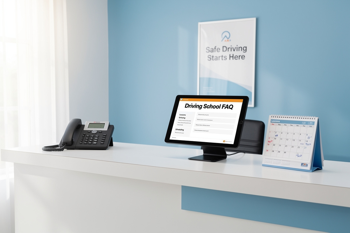 Espace d'accueil d'auto-école avec tablette affichant une FAQ sur la gestion des appels et l'inscription des élèves