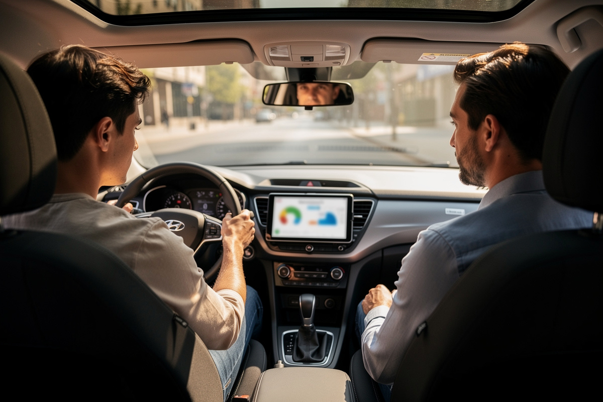 ia auto école assistée par le moniteur lors d’une séance de conduite en voiture.