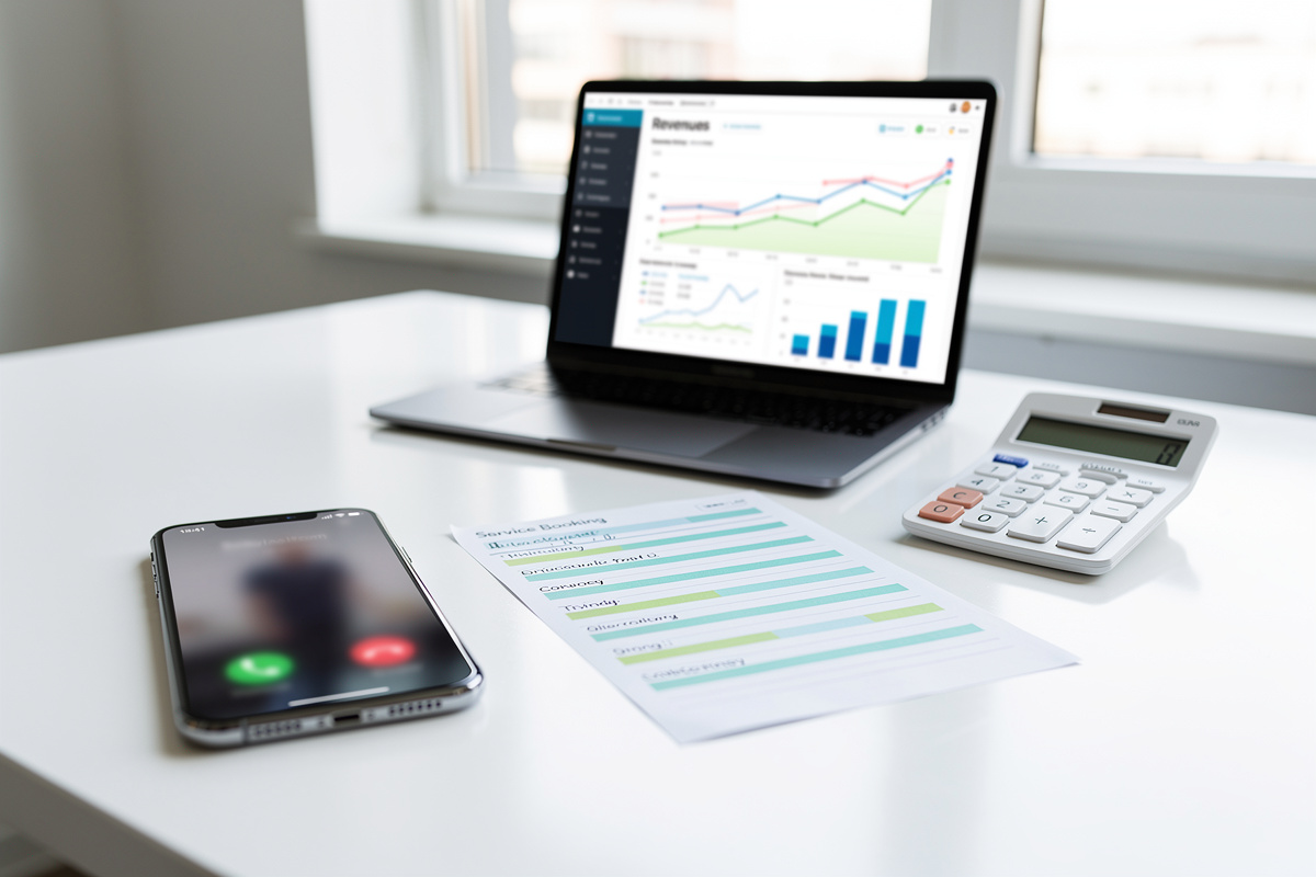 Téléphone qui sonne sans réponse et tableau de calcul du coût d’un appel manqué