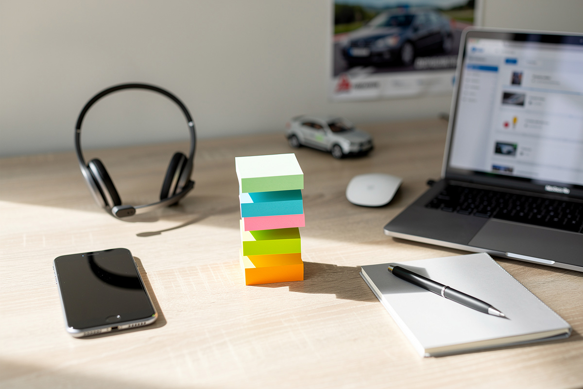 Bureau d’auto-école avec trame d’appel simple pour qualifier prospect sans perdre de temps.