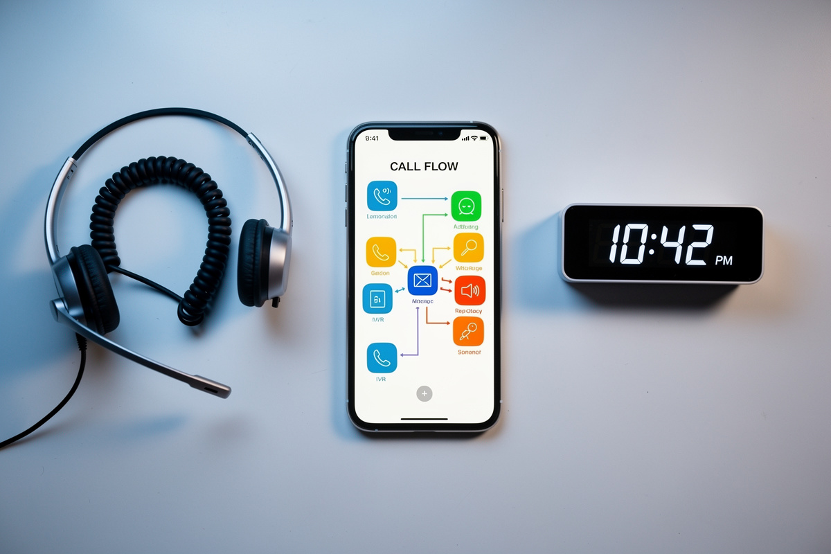 Schéma visuel d'un standard téléphonique automatique orientant les appels entrants sans intervention humaine