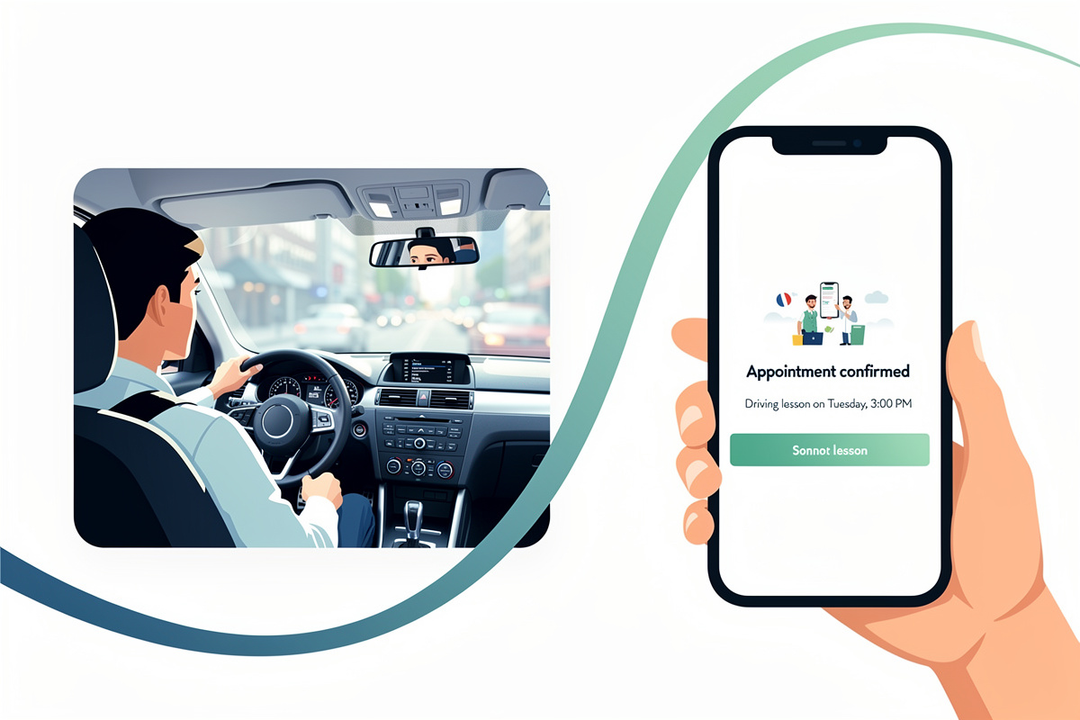 Moniteur d'auto-école en conduite pendant qu'un standard automatique gère la prise de rendez-vous à distance