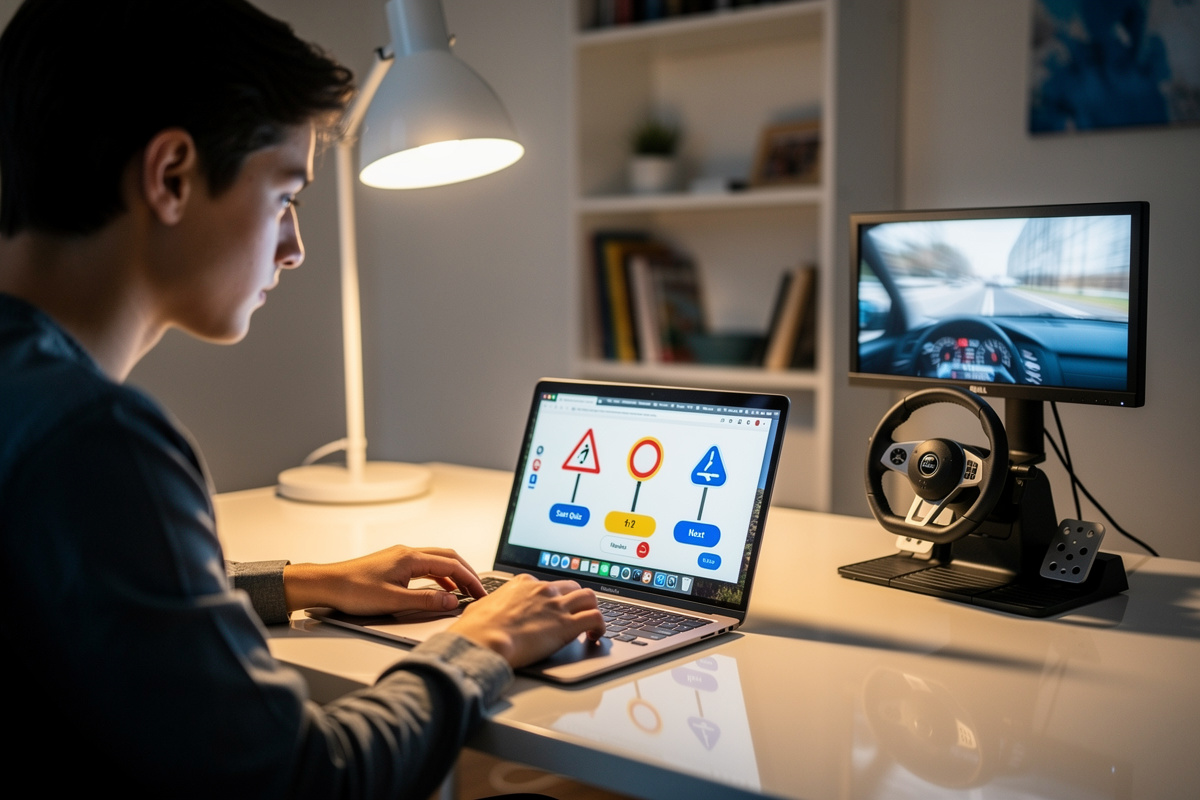 Plateforme e-learning code de la route et simulateur de conduite illustrant l'apprentissage adaptatif numérique en 2026