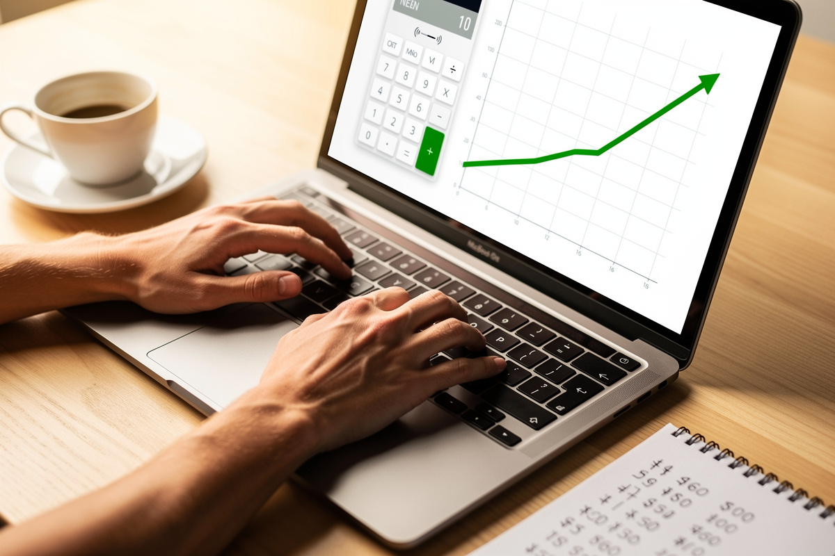 Mains sur un ordinateur portable avec simulateur financier à l'écran pour calculer le manque à gagner d'un accueil téléphonique vétérinaire défaillant