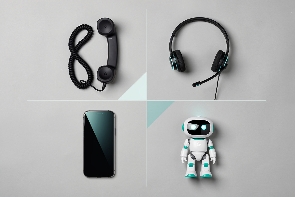 Vue aérienne de quatre dispositifs téléphoniques symbolisant les leviers d'optimisation de l'accueil téléphonique vétérinaire en 2026