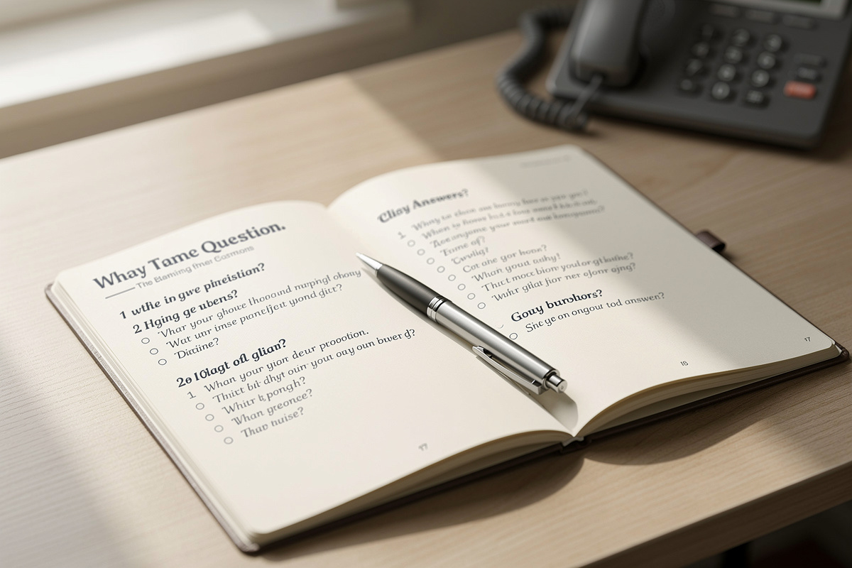 Carnet ouvert avec questions-réponses sur un bureau, évoquant la FAQ sur l'optimisation de l'accueil téléphonique vétérinaire