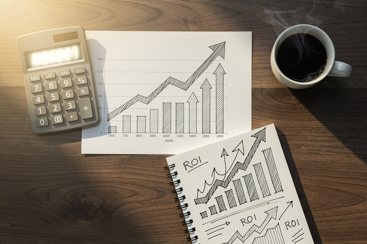 Calcul du ROI d'un assistant vocal auto école sur 6 mois avec graphique de rentabilité en hausse