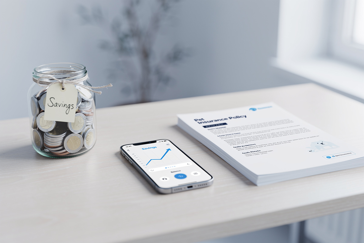 Bocal d'épargne mensuelle pour animaux posé près d'un document d'assurance santé animale sur un bureau moderne