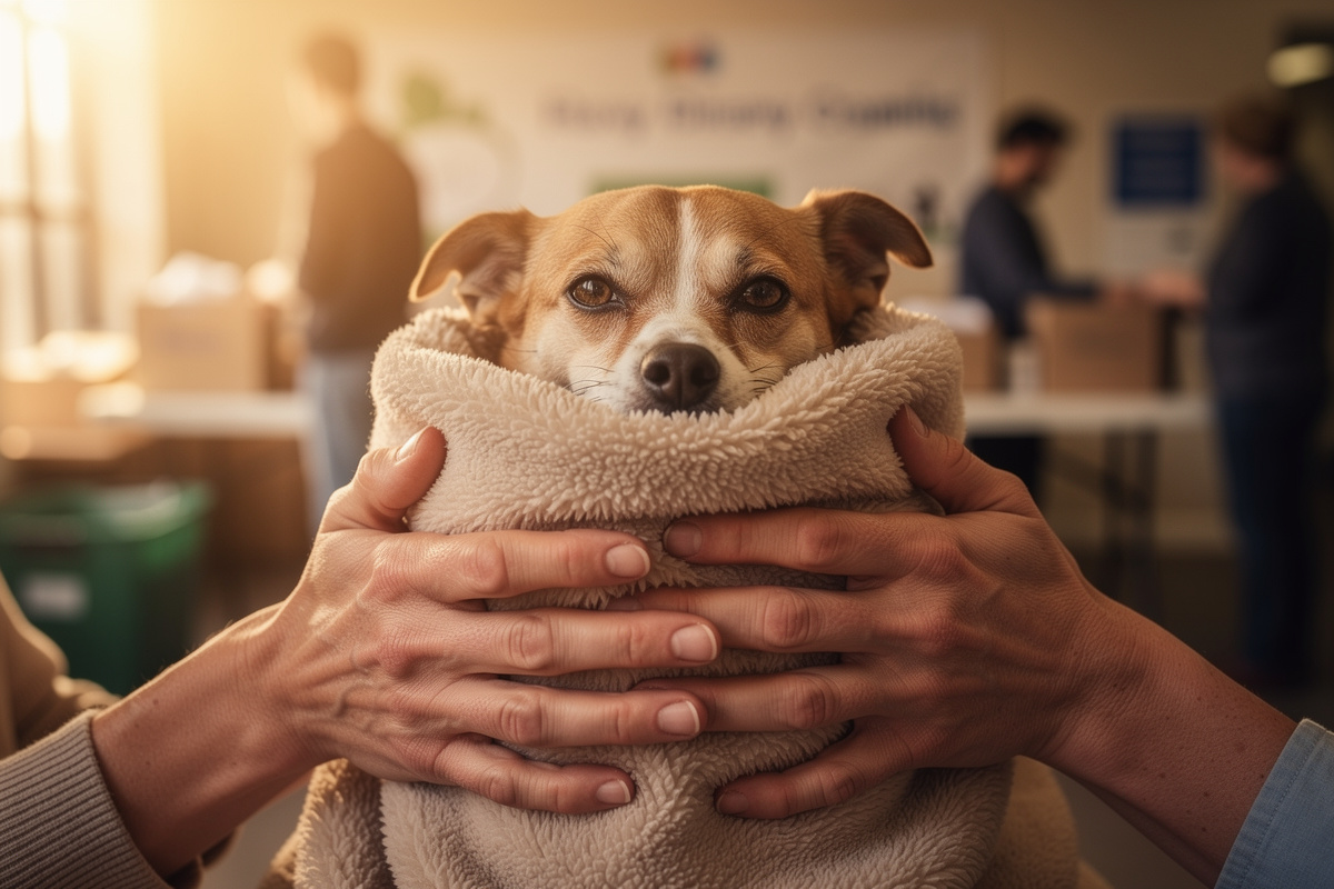 Mains tenant un petit chien enveloppé dans une couverture, évoquant les aides financières pour les frais vétérinaires