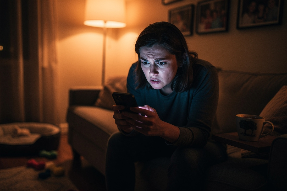 Propriétaire en détresse émotionnelle tenant son téléphone des deux mains, illustrant les signaux de stress lors d'un appel vétérinaire