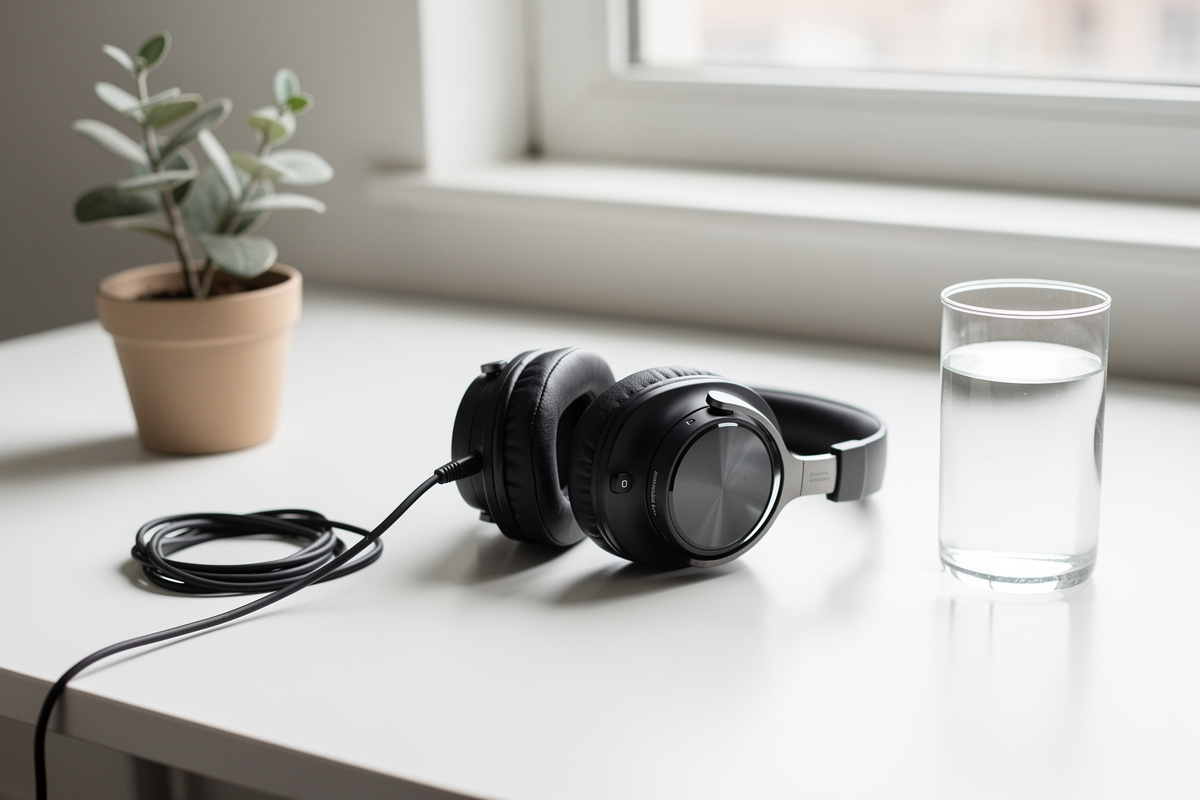 Casque téléphonique posé sur un bureau épuré, symbolisant la posture vocale calme essentielle en communication vétérinaire d'urgence