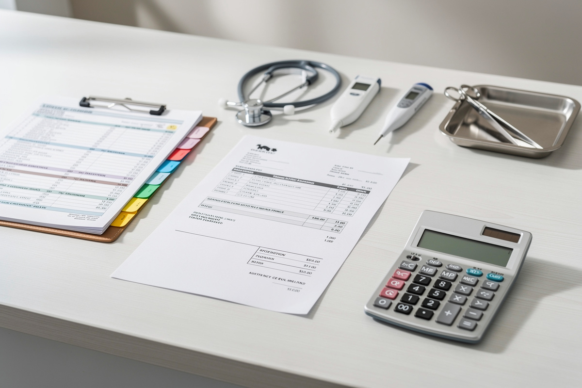 Tarifs d'une consultation de suivi vétérinaire avec facture, dossier et calculatrice en clinique