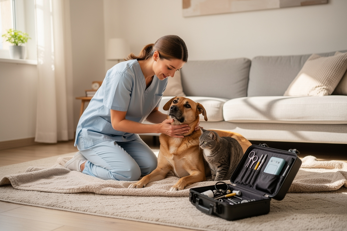 Consultation de suivi vétérinaire à domicile avec vétérinaire et animal détendu dans un salon