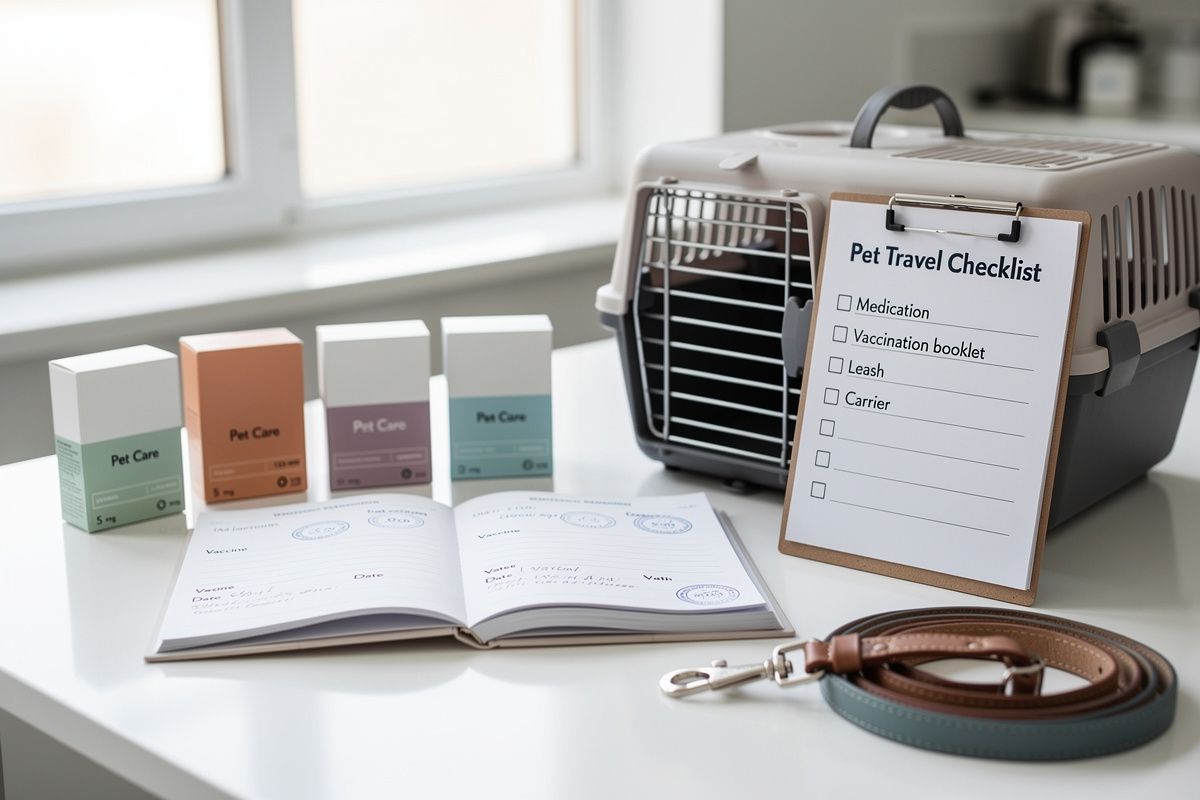 Préparation d'une consultation de suivi vétérinaire avec médicaments, carnet et accessoires du animal