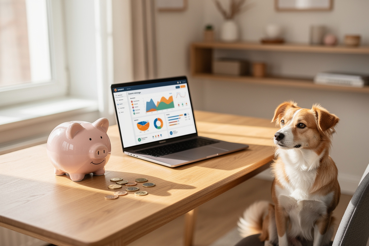 Chien près d'un ordinateur et tirelire, représentant le remboursement d'une mutuelle animale après consultation vétérinaire