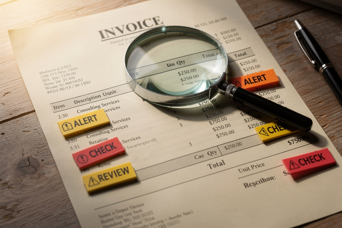 Facture détaillée avec loupe révélant les frais cachés d'une solution d'IA vocale pour clinique vétérinaire