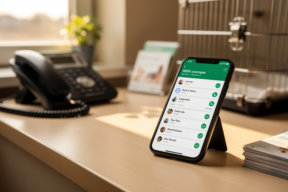 Téléphone de clinique vétérinaire solo avec interface de gestion d'appels affichant zéro appel manqué