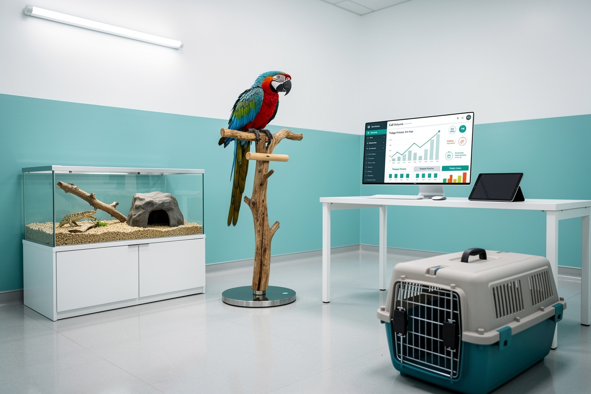 Clinique NAC spécialisée avec tableau de bord IA gérant le volume d'appels pour animaux exotiques